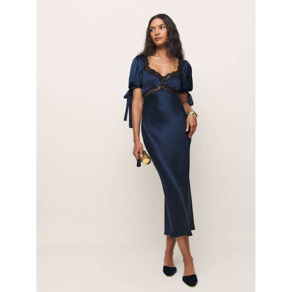 NWT Reformation x Kacey Musgraves Stella Silk Dress in Navy $348 - Size 2 - Picture 3 of 16